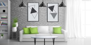 Apartment living room, open office lounge area interior realistic vector background with coffee table near sofa, paintings on brick wall, bookshelves, hanging from ceiling vintage lamps illustration