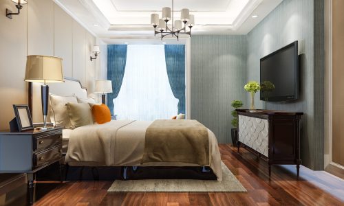 3d rendering beautiful luxury bedroom suite in hotel with tv and chandelier