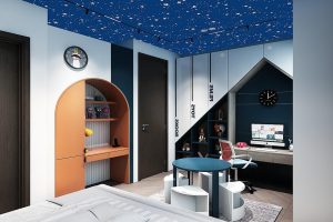 bed, kid's bedroom, children bedroom, art, wardrobe, ceiling, stars, ceiling lights