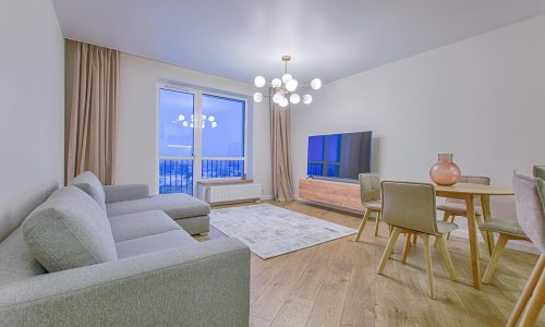 A spacious modern living room featuring stylish furnishings and decor.