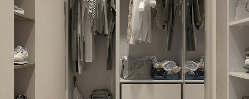 Stylish walk-in closet with neutral tones and contemporary design elements.