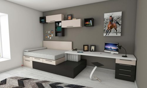 Stylish minimalist bedroom with modern furnishings and workspace area, perfect for home offices.