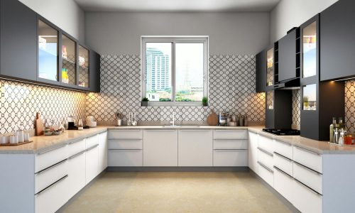 Sleek modular kitchen with contemporary cabinets and tile backsplash, showcasing urban style.