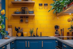 This kitchen features a lively yellow wall with open shelves displaying dishware and plants. The blue cabinets complement the colorful tile flooring, creating a cheerful atmosphere.