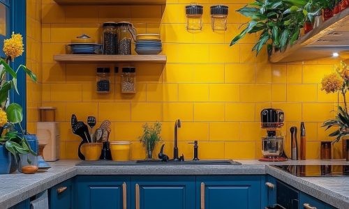 This kitchen features a lively yellow wall with open shelves displaying dishware and plants. The blue cabinets complement the colorful tile flooring, creating a cheerful atmosphere.
